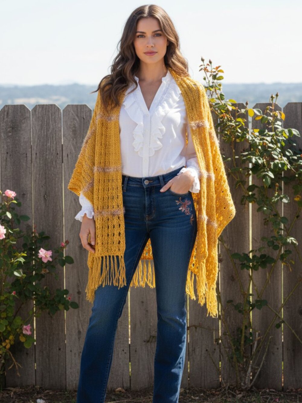 Yellow Hand Knitted Shawl Wrap Scarf Boho Western Hippie Eyelet Indie Artsy Mod